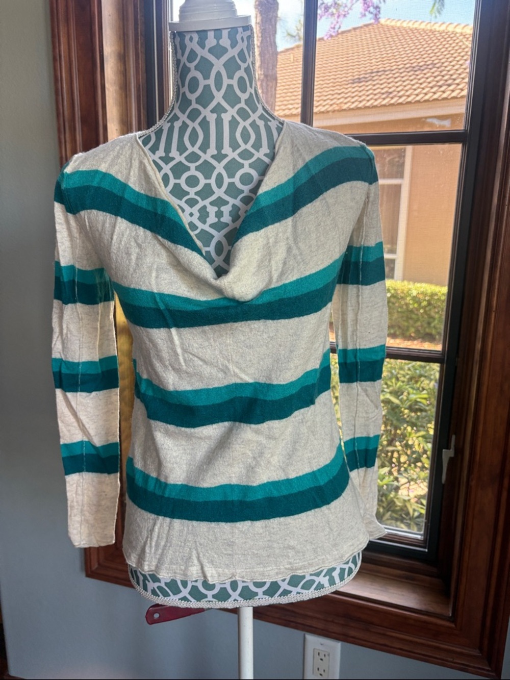 Tommy Bahama Cream and Teal Striped Cowl-Neck Sweater